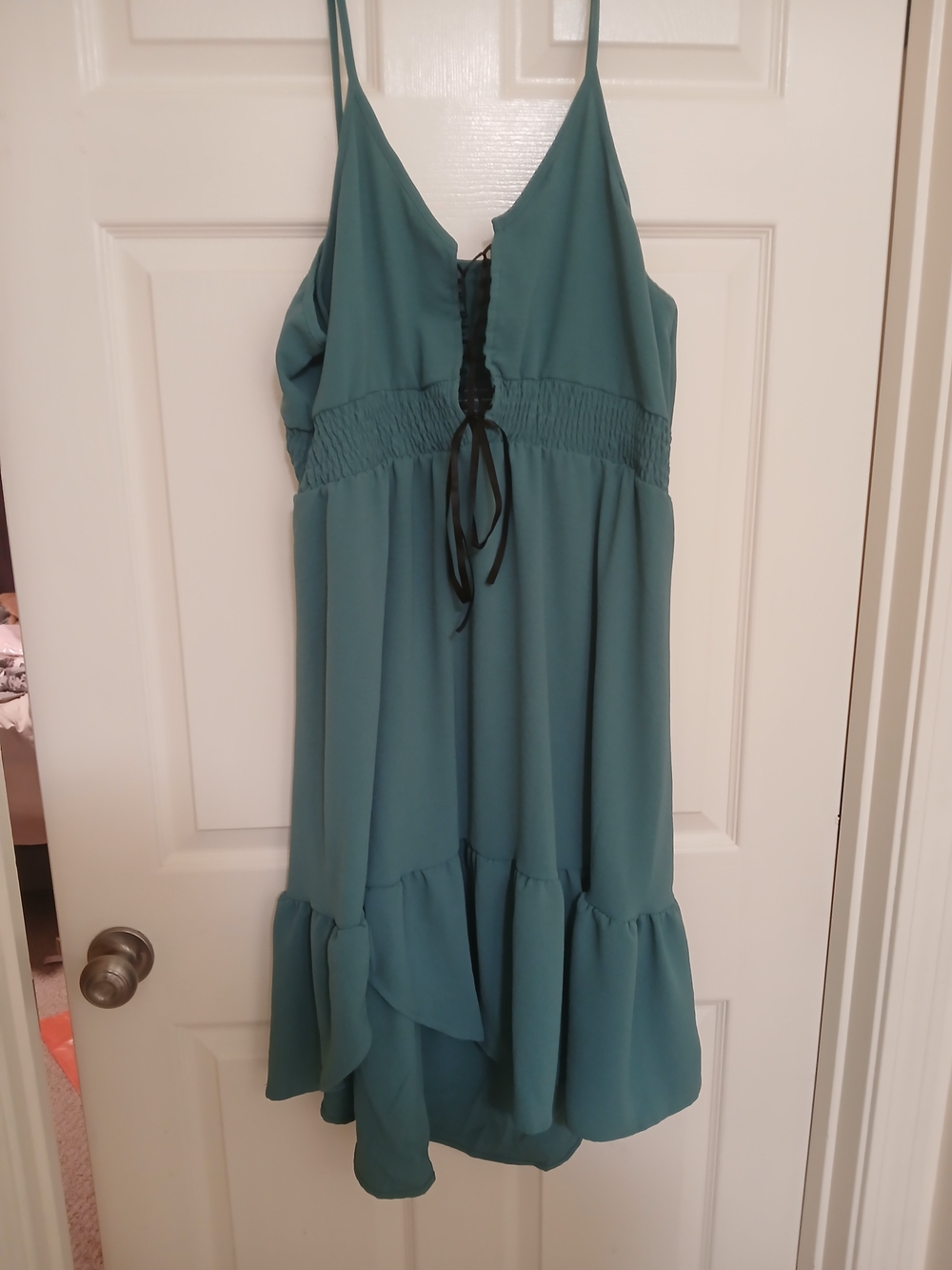Teal Spaghetti Strap Ruffle Hem Dress